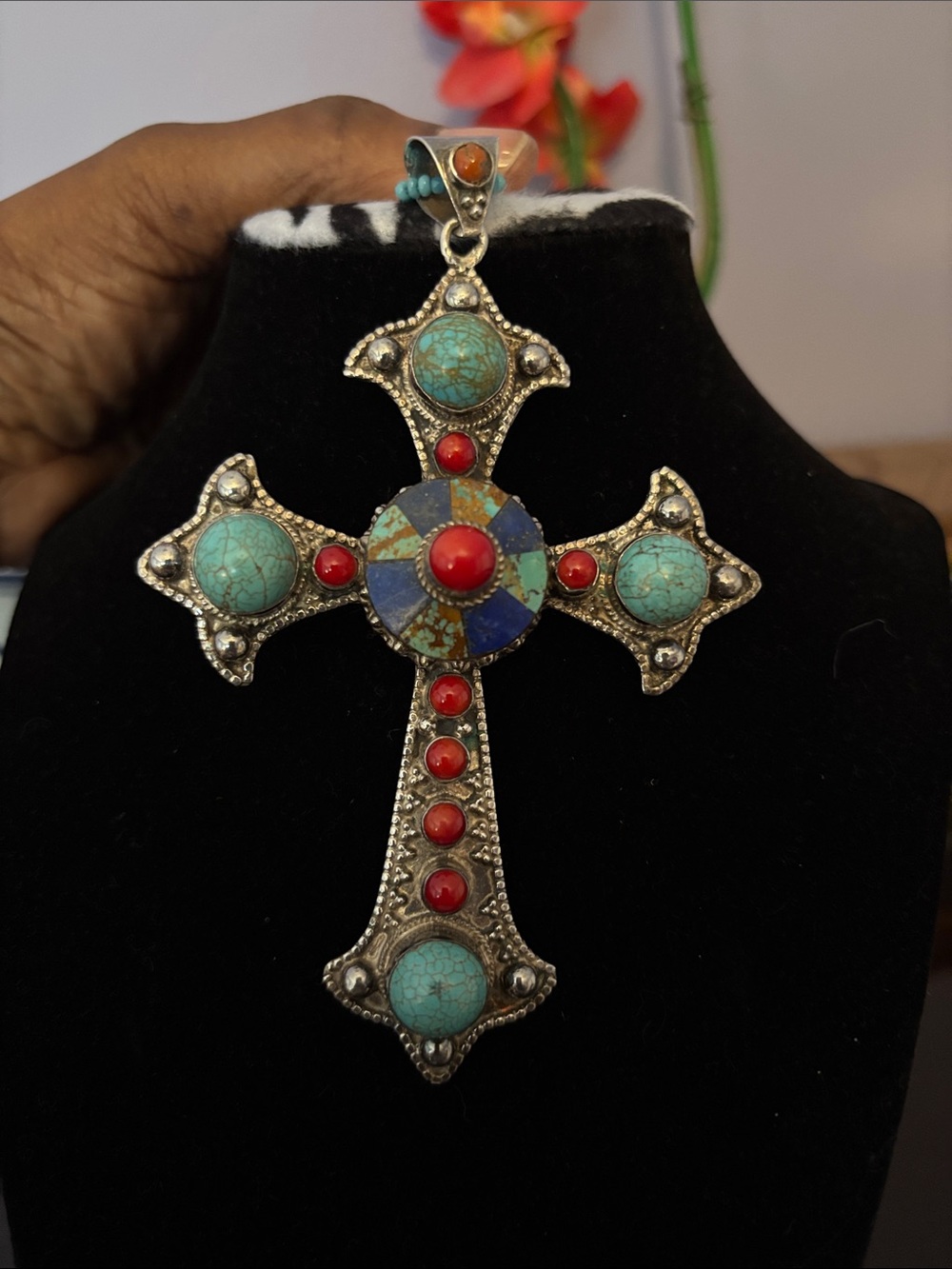 Huge Vintage Sterling Turquoise and Coral Cross!